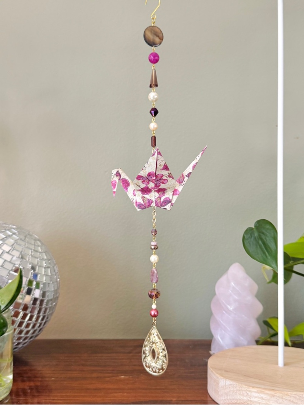 Origami Ornament #2462 - Large Crane with Repurposed Beads and Pendant